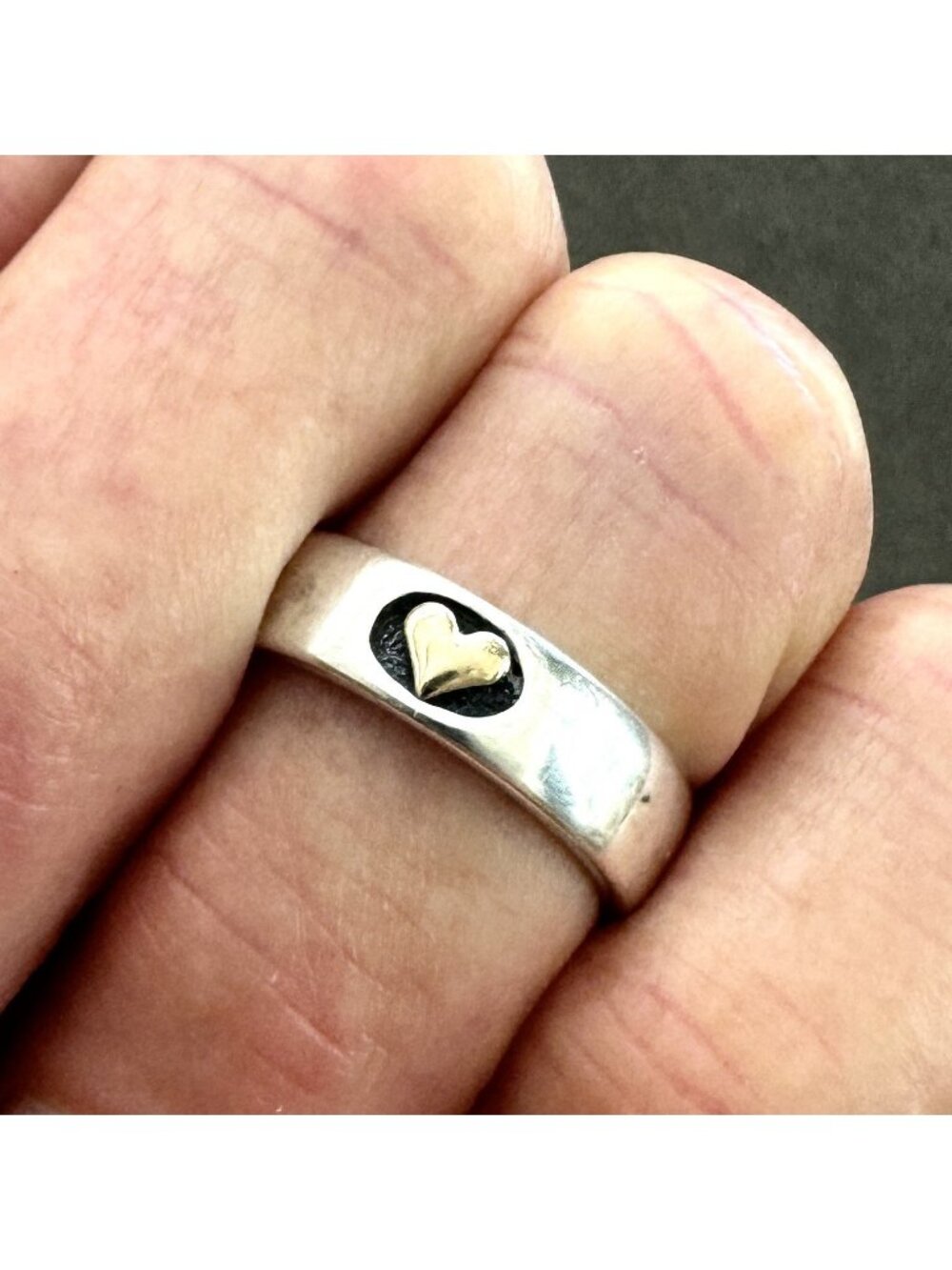 Vintage STERLING Silver & 14K GOLD HEART Band RING Size 8 Signed